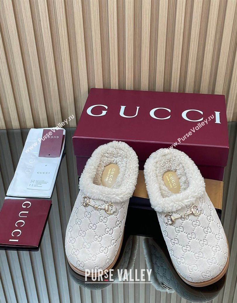 Gucci GG Suede and Wool Flat Mules with Horsebit Pale Grey 2025 836057 (MD-251020007)
