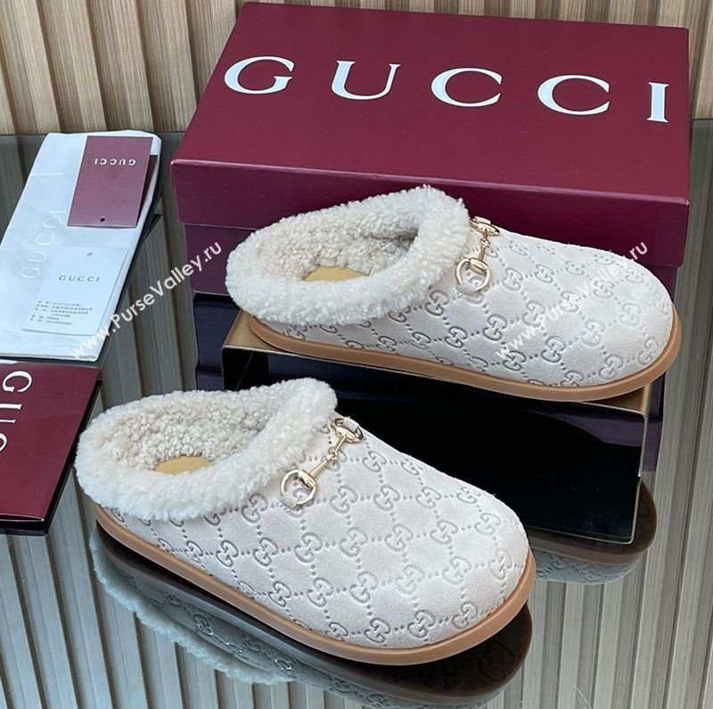 Gucci GG Suede and Wool Flat Mules with Horsebit Pale Grey 2025 836057 (MD-251020007)