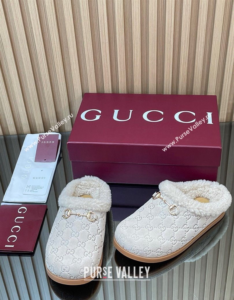 Gucci GG Suede and Wool Flat Mules with Horsebit Pale Grey 2025 836057 (MD-251020007)
