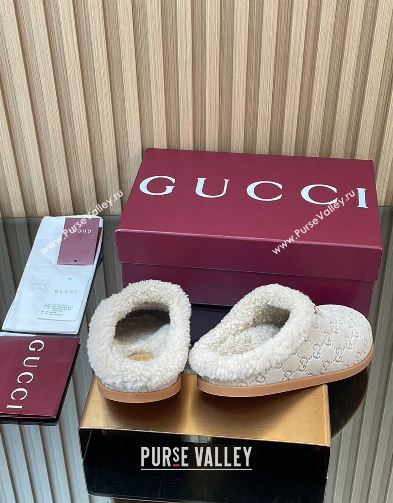 Gucci GG Suede and Wool Flat Mules with Horsebit Pale Grey 2025 836057 (MD-251020007)