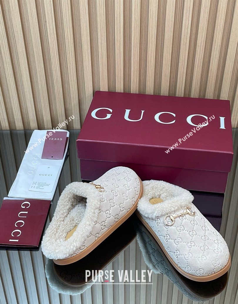 Gucci GG Suede and Wool Flat Mules with Horsebit Pale Grey 2025 836057 (MD-251020007)