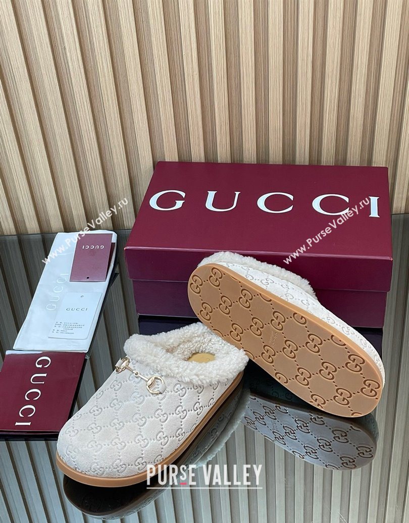 Gucci GG Suede and Wool Flat Mules with Horsebit Pale Grey 2025 836057 (MD-251020007)