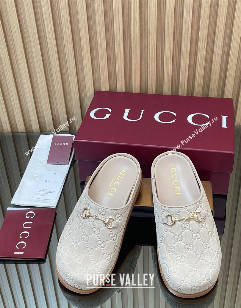 Gucci GG Suede Flat Mules with Horsebit Pale Grey 20252 836057 (MD-251020008)
