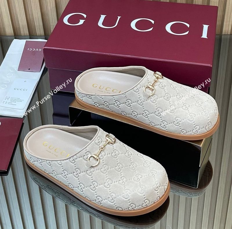 Gucci GG Suede Flat Mules with Horsebit Pale Grey 20252 836057 (MD-251020008)