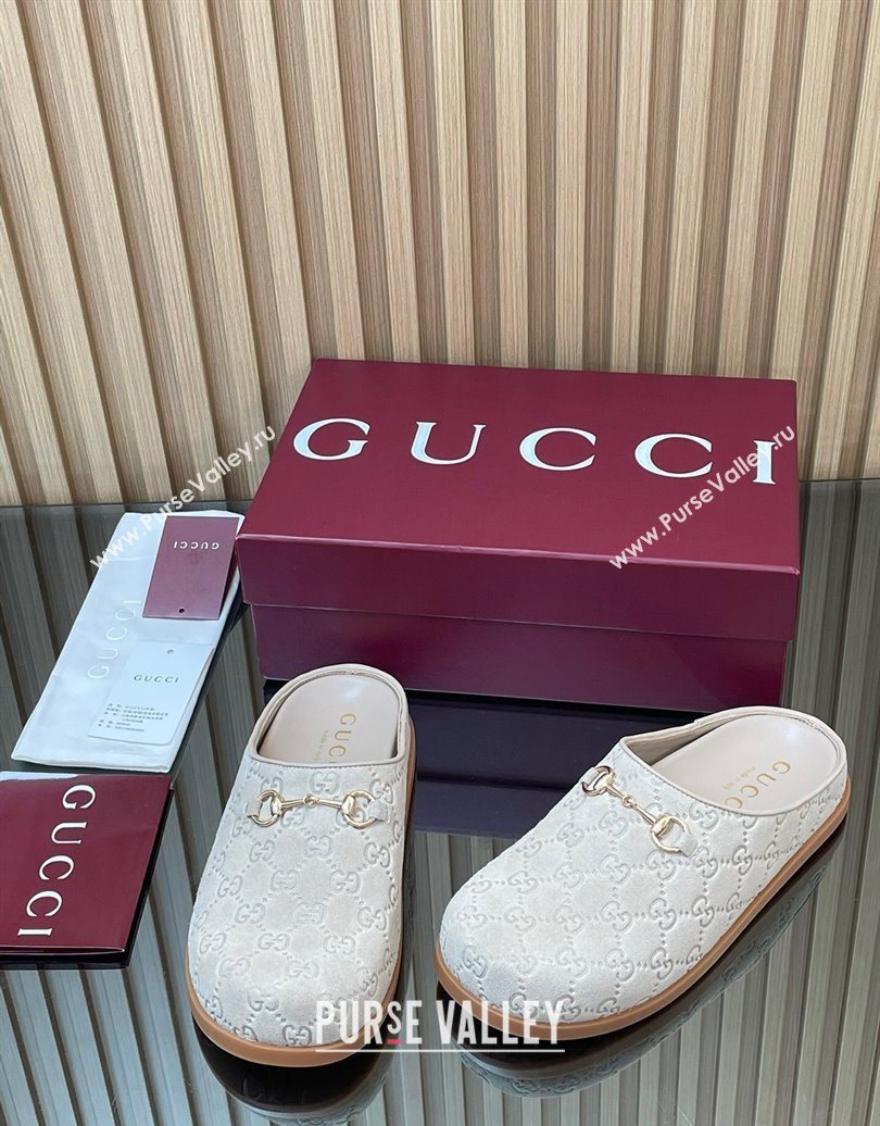 Gucci GG Suede Flat Mules with Horsebit Pale Grey 20252 836057 (MD-251020008)