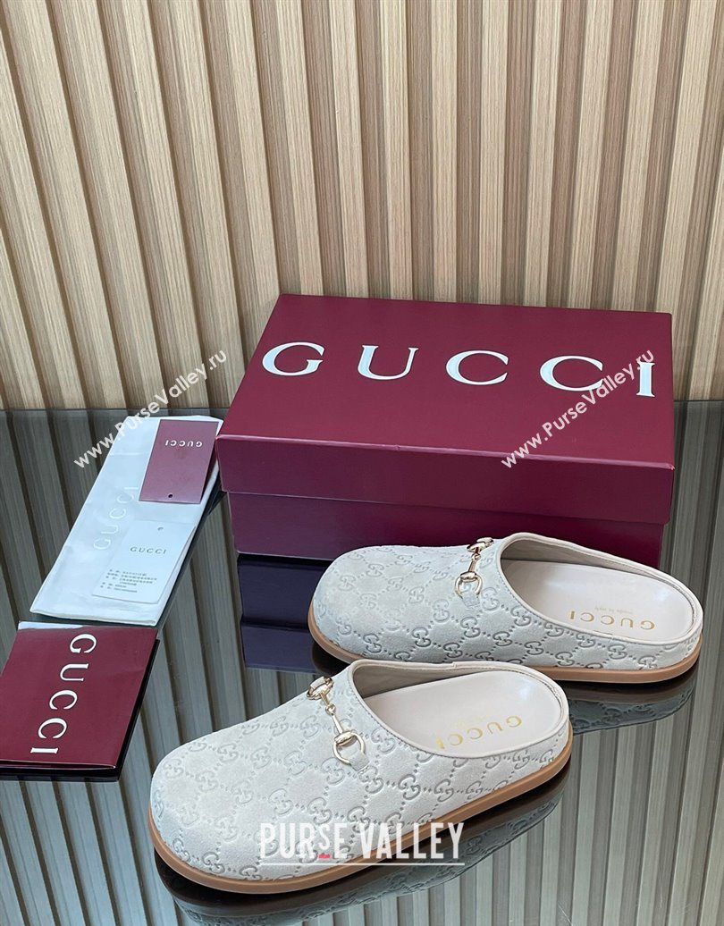 Gucci GG Suede Flat Mules with Horsebit Pale Grey 20252 836057 (MD-251020008)