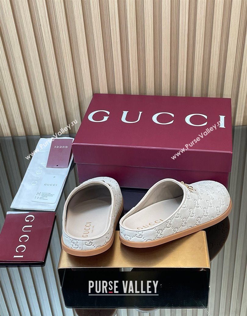 Gucci GG Suede Flat Mules with Horsebit Pale Grey 20252 836057 (MD-251020008)