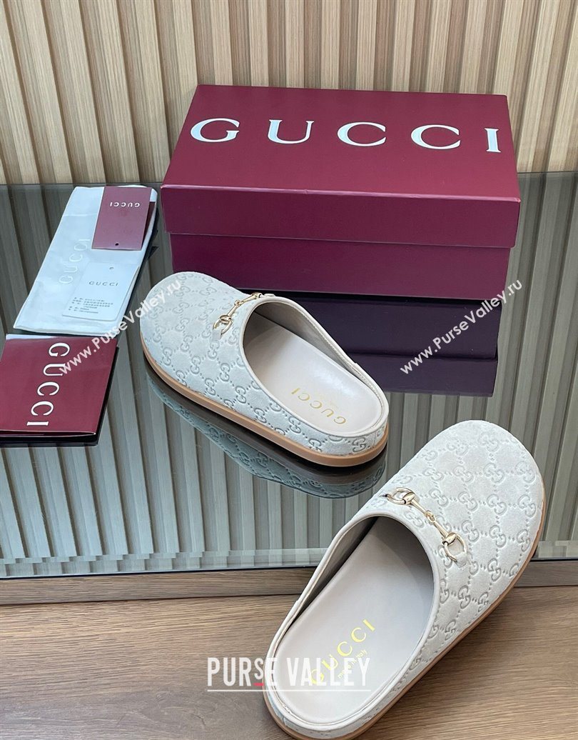 Gucci GG Suede Flat Mules with Horsebit Pale Grey 20252 836057 (MD-251020008)