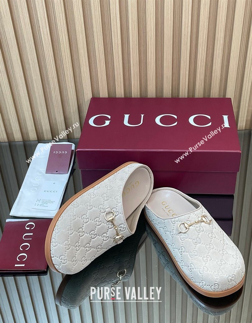 Gucci GG Suede Flat Mules with Horsebit Pale Grey 20252 836057 (MD-251020008)