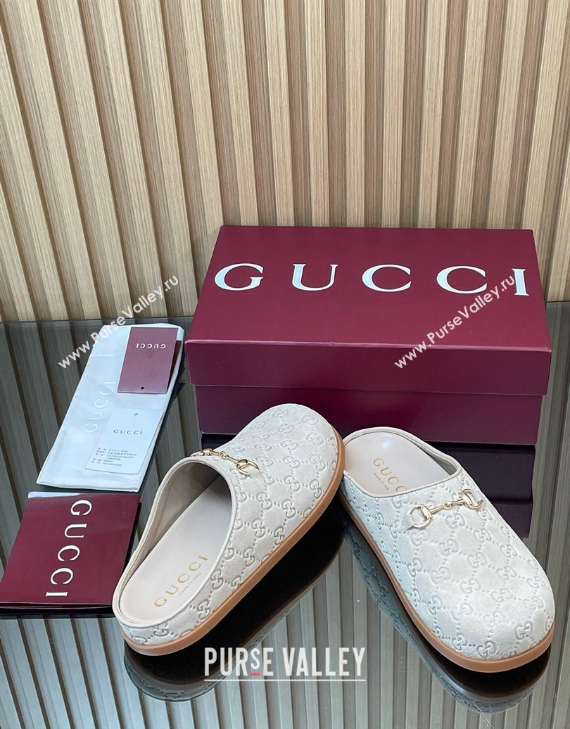 Gucci GG Suede Flat Mules with Horsebit Pale Grey 20252 836057 (MD-251020008)
