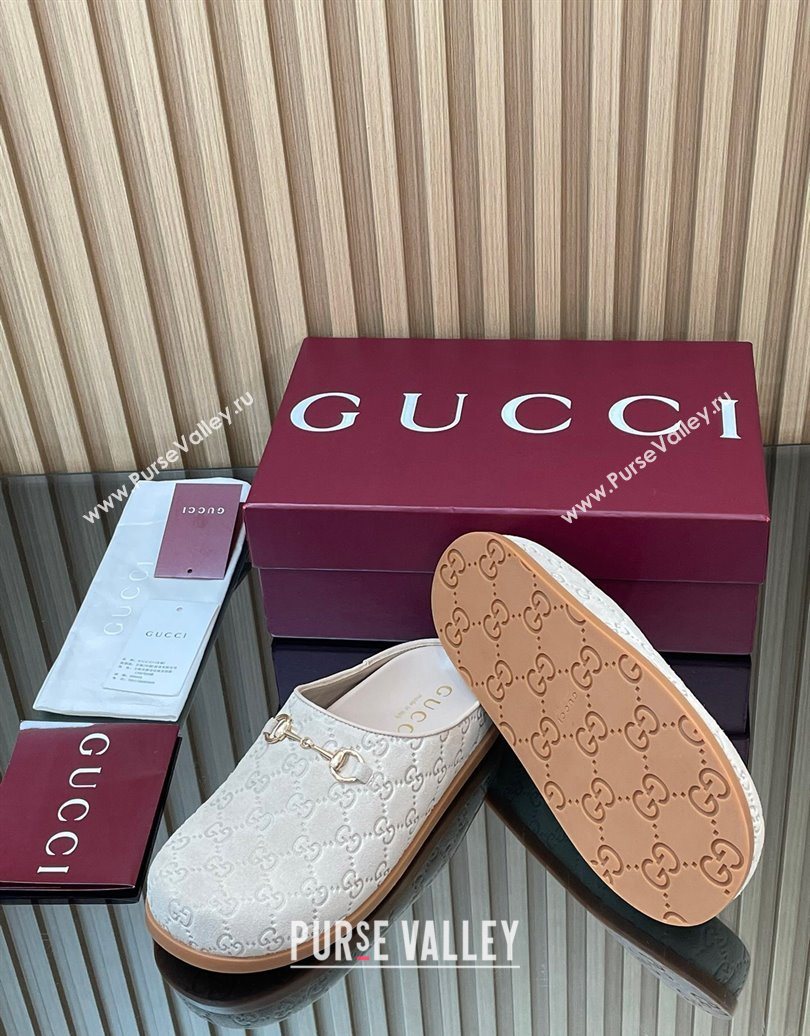 Gucci GG Suede Flat Mules with Horsebit Pale Grey 20252 836057 (MD-251020008)
