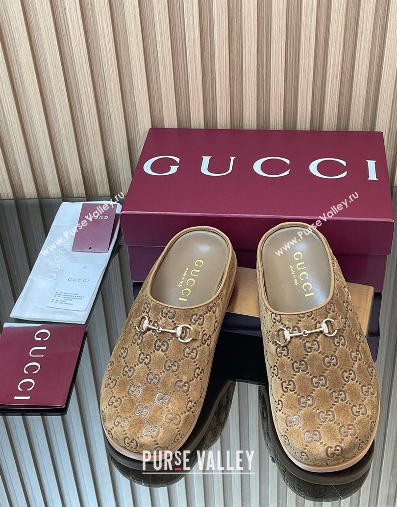 Gucci GG Suede Flat Mules with Horsebit Light Brown 20252 836057 (MD-251020009)