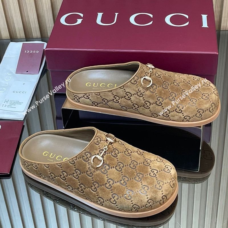 Gucci GG Suede Flat Mules with Horsebit Light Brown 20252 836057 (MD-251020009)