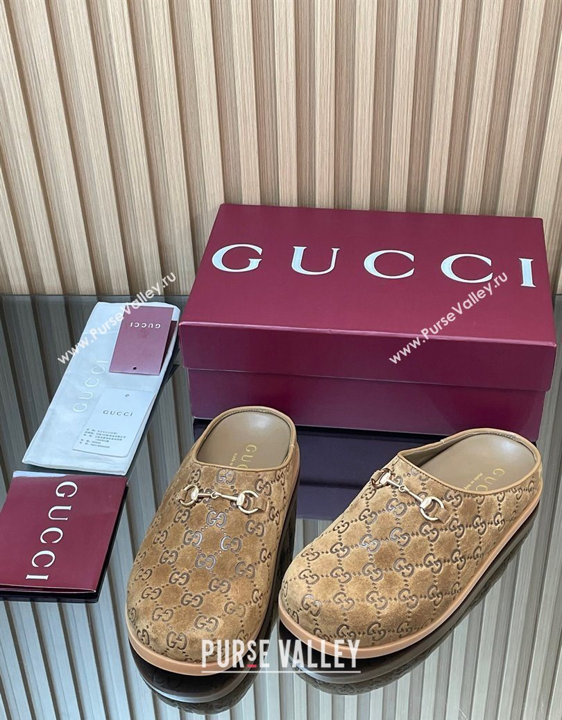 Gucci GG Suede Flat Mules with Horsebit Light Brown 20252 836057 (MD-251020009)