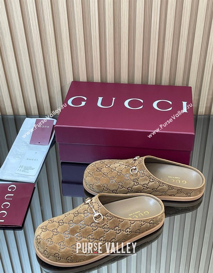 Gucci GG Suede Flat Mules with Horsebit Light Brown 20252 836057 (MD-251020009)