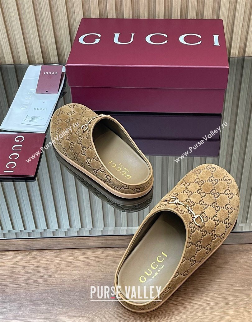 Gucci GG Suede Flat Mules with Horsebit Light Brown 20252 836057 (MD-251020009)