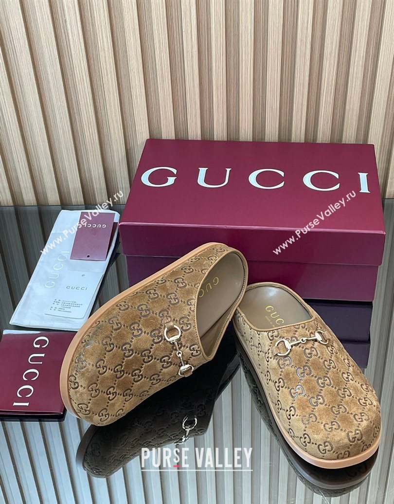 Gucci GG Suede Flat Mules with Horsebit Light Brown 20252 836057 (MD-251020009)