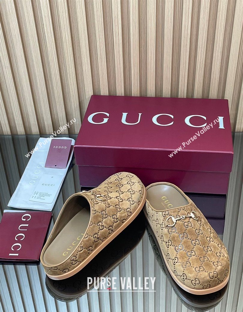 Gucci GG Suede Flat Mules with Horsebit Light Brown 20252 836057 (MD-251020009)