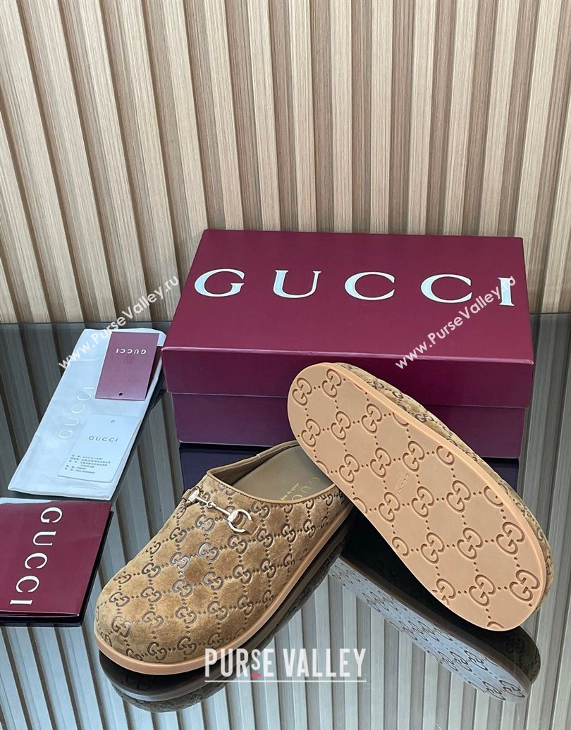 Gucci GG Suede Flat Mules with Horsebit Light Brown 20252 836057 (MD-251020009)
