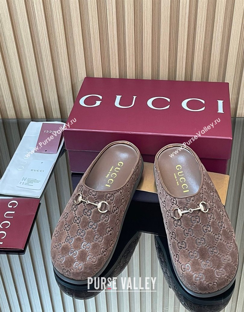 Gucci GG Suede Flat Mules with Horsebit Dark Brown 20252 836057 (MD-251020010)