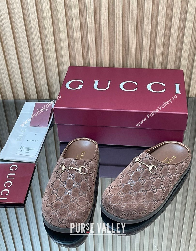 Gucci GG Suede Flat Mules with Horsebit Dark Brown 20252 836057 (MD-251020010)