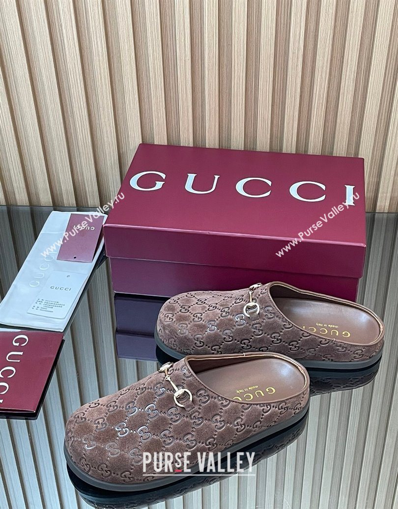 Gucci GG Suede Flat Mules with Horsebit Dark Brown 20252 836057 (MD-251020010)