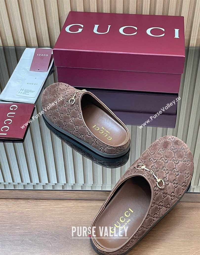 Gucci GG Suede Flat Mules with Horsebit Dark Brown 20252 836057 (MD-251020010)