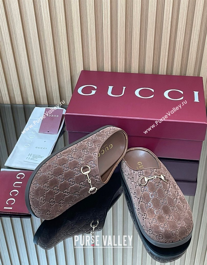 Gucci GG Suede Flat Mules with Horsebit Dark Brown 20252 836057 (MD-251020010)