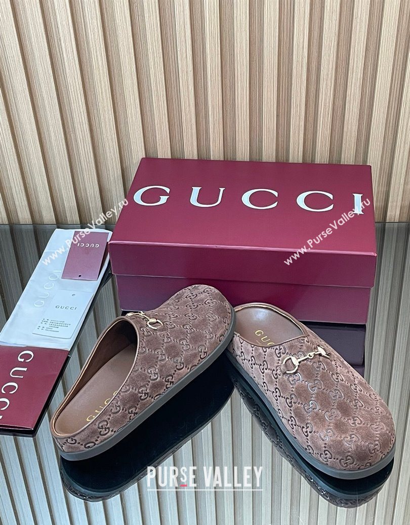 Gucci GG Suede Flat Mules with Horsebit Dark Brown 20252 836057 (MD-251020010)