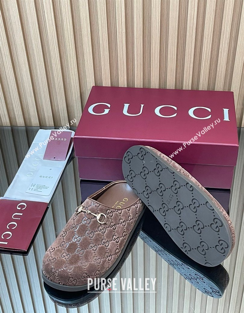 Gucci GG Suede Flat Mules with Horsebit Dark Brown 20252 836057 (MD-251020010)
