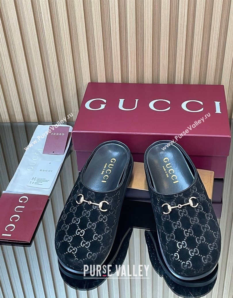 Gucci GG Suede Flat Mules with Horsebit Black 20252 836057 (MD-251020011)
