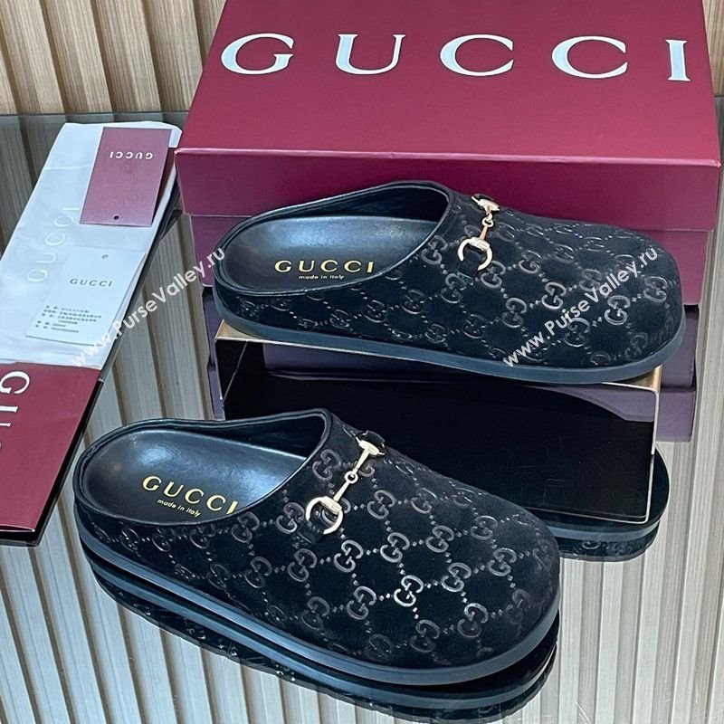 Gucci GG Suede Flat Mules with Horsebit Black 20252 836057 (MD-251020011)
