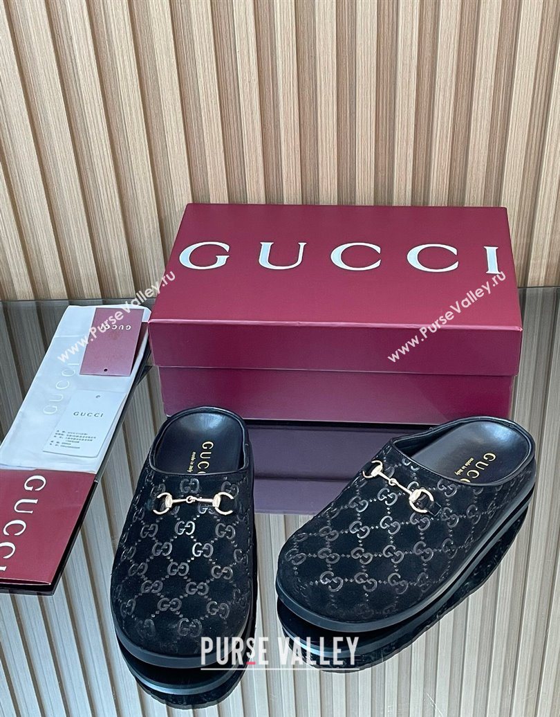 Gucci GG Suede Flat Mules with Horsebit Black 20252 836057 (MD-251020011)