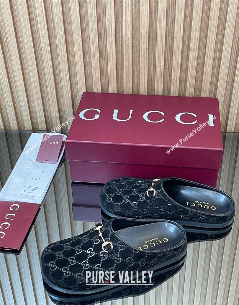 Gucci GG Suede Flat Mules with Horsebit Black 20252 836057 (MD-251020011)