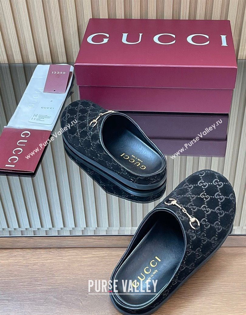 Gucci GG Suede Flat Mules with Horsebit Black 20252 836057 (MD-251020011)