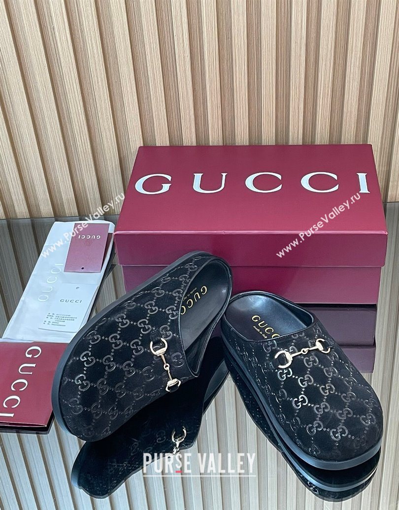 Gucci GG Suede Flat Mules with Horsebit Black 20252 836057 (MD-251020011)