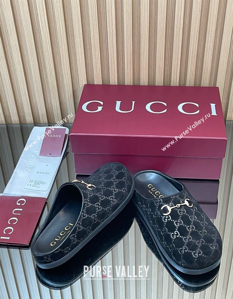 Gucci GG Suede Flat Mules with Horsebit Black 20252 836057 (MD-251020011)