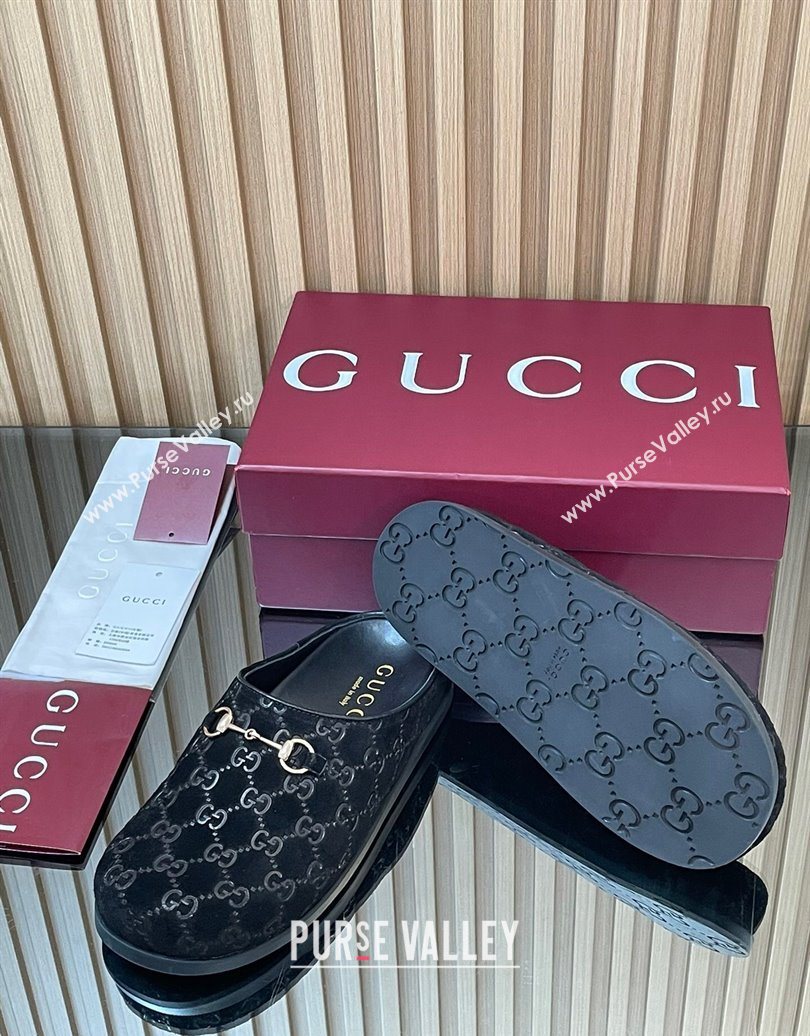 Gucci GG Suede Flat Mules with Horsebit Black 20252 836057 (MD-251020011)