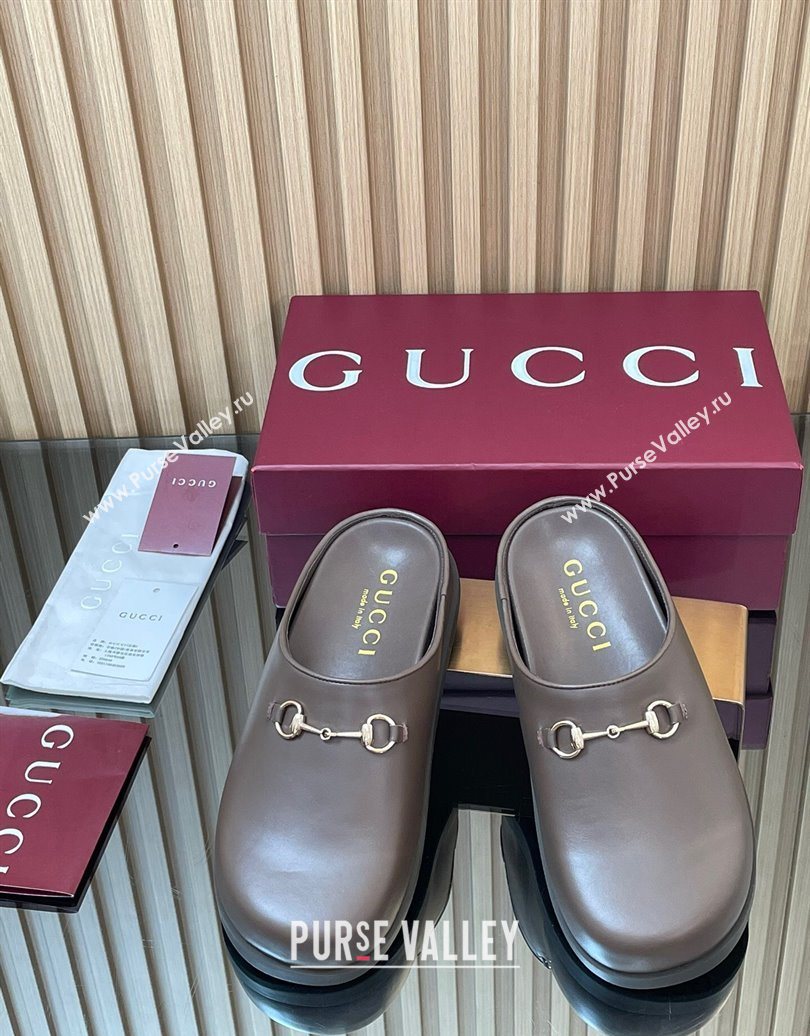 Gucci Leather Flat Mules with Horsebit Dark Brown 20252 836057 (MD-251020015)