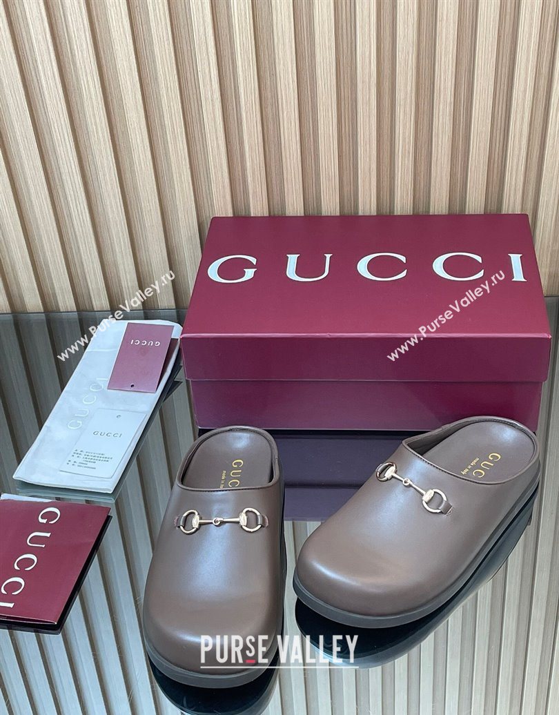 Gucci Leather Flat Mules with Horsebit Dark Brown 20252 836057 (MD-251020015)