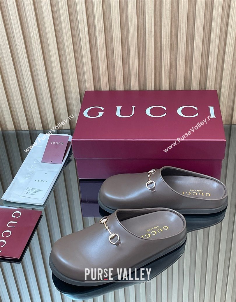 Gucci Leather Flat Mules with Horsebit Dark Brown 20252 836057 (MD-251020015)