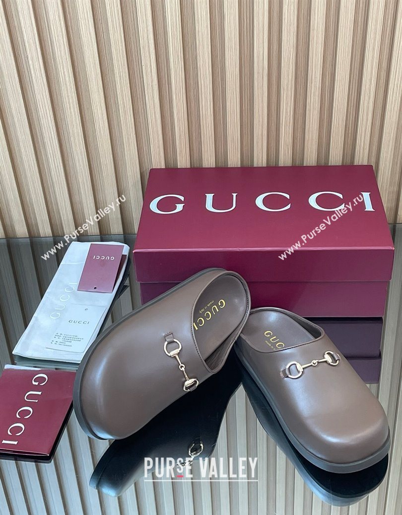 Gucci Leather Flat Mules with Horsebit Dark Brown 20252 836057 (MD-251020015)