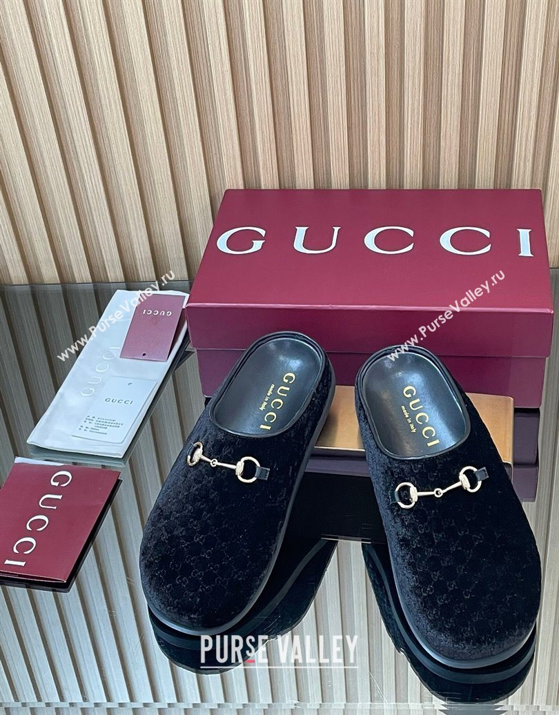 Gucci GG Velvet Flat Mules with Horsebit Black 2025 836057 (MD-251020017)