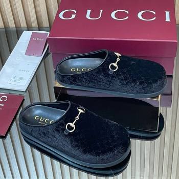 Gucci GG Velvet Flat Mules with Horsebit Black 2025 836057 (MD-251020017)