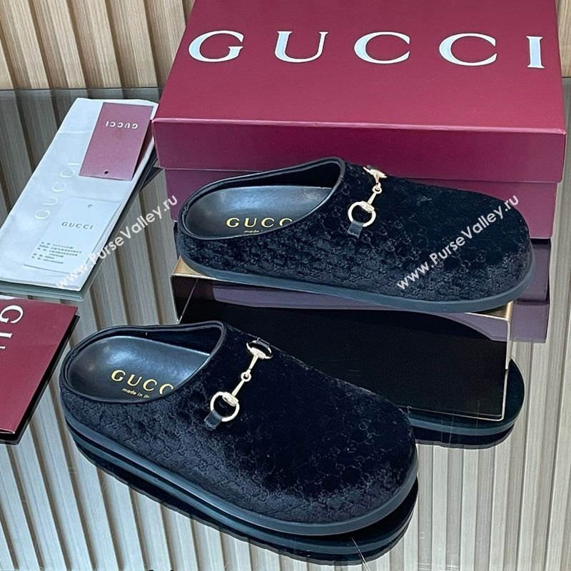 Gucci GG Velvet Flat Mules with Horsebit Black 2025 836057 (MD-251020017)