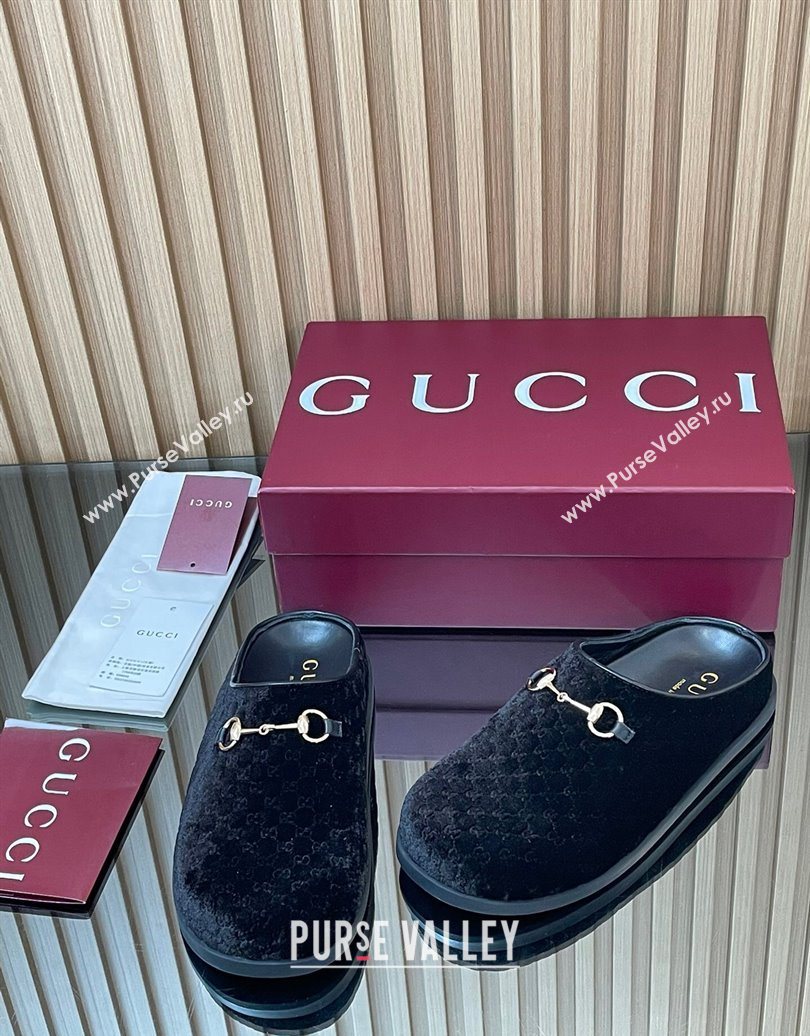 Gucci GG Velvet Flat Mules with Horsebit Black 2025 836057 (MD-251020017)