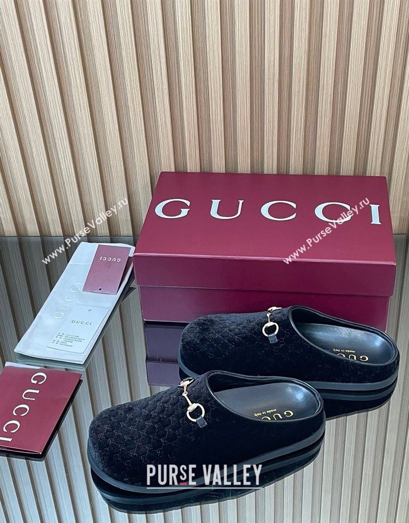 Gucci GG Velvet Flat Mules with Horsebit Black 2025 836057 (MD-251020017)