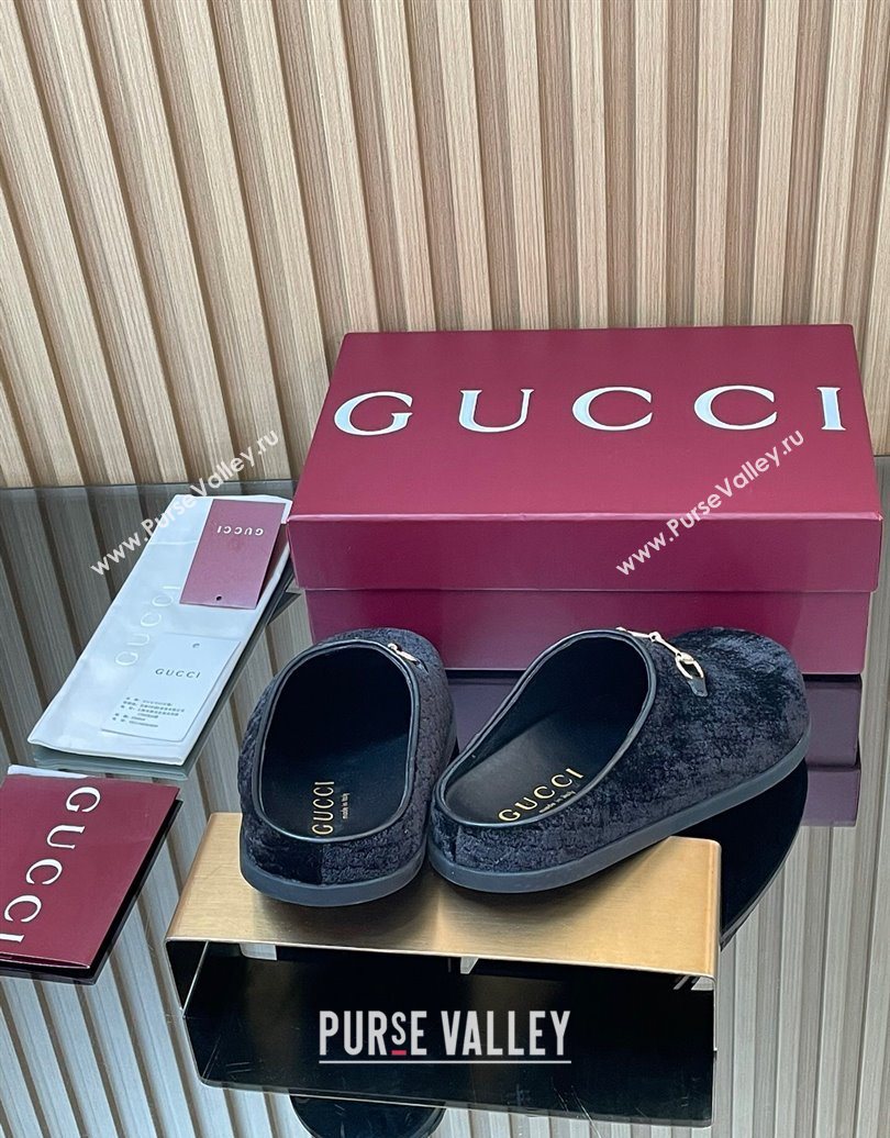 Gucci GG Velvet Flat Mules with Horsebit Black 2025 836057 (MD-251020017)