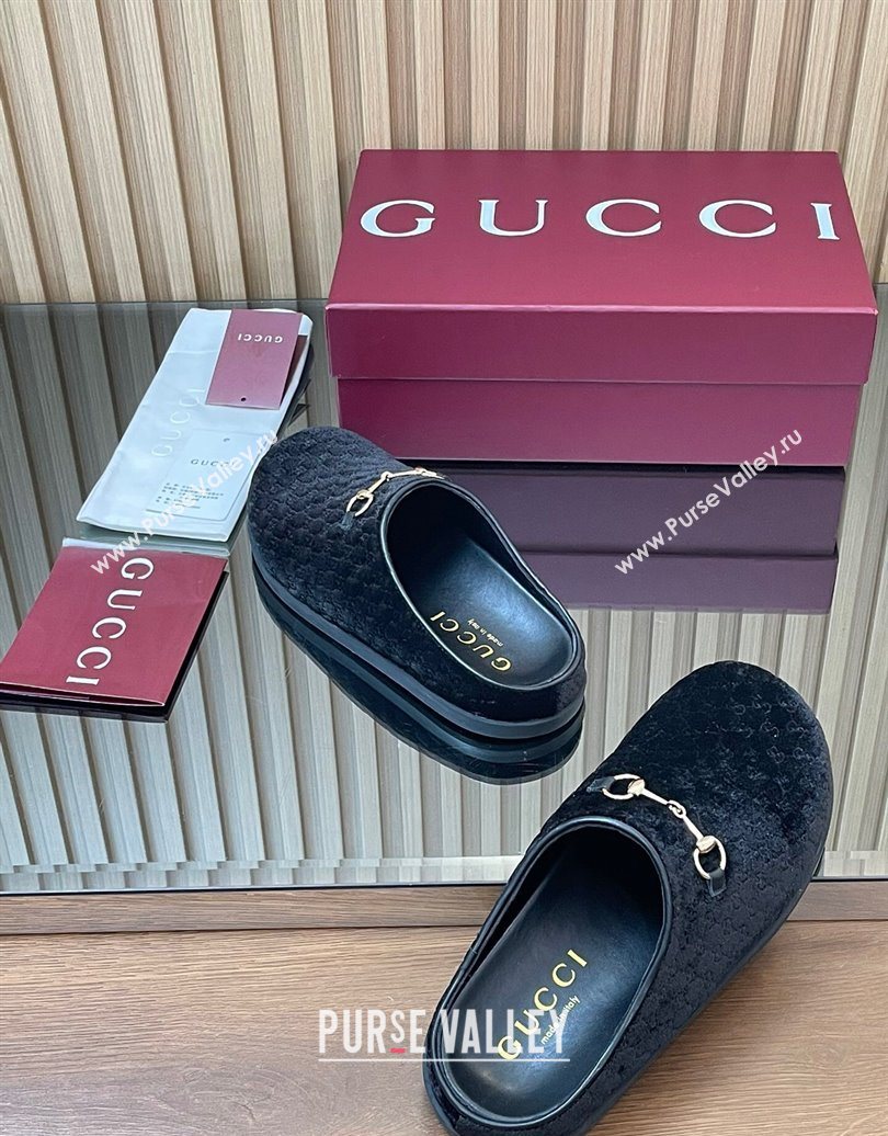 Gucci GG Velvet Flat Mules with Horsebit Black 2025 836057 (MD-251020017)