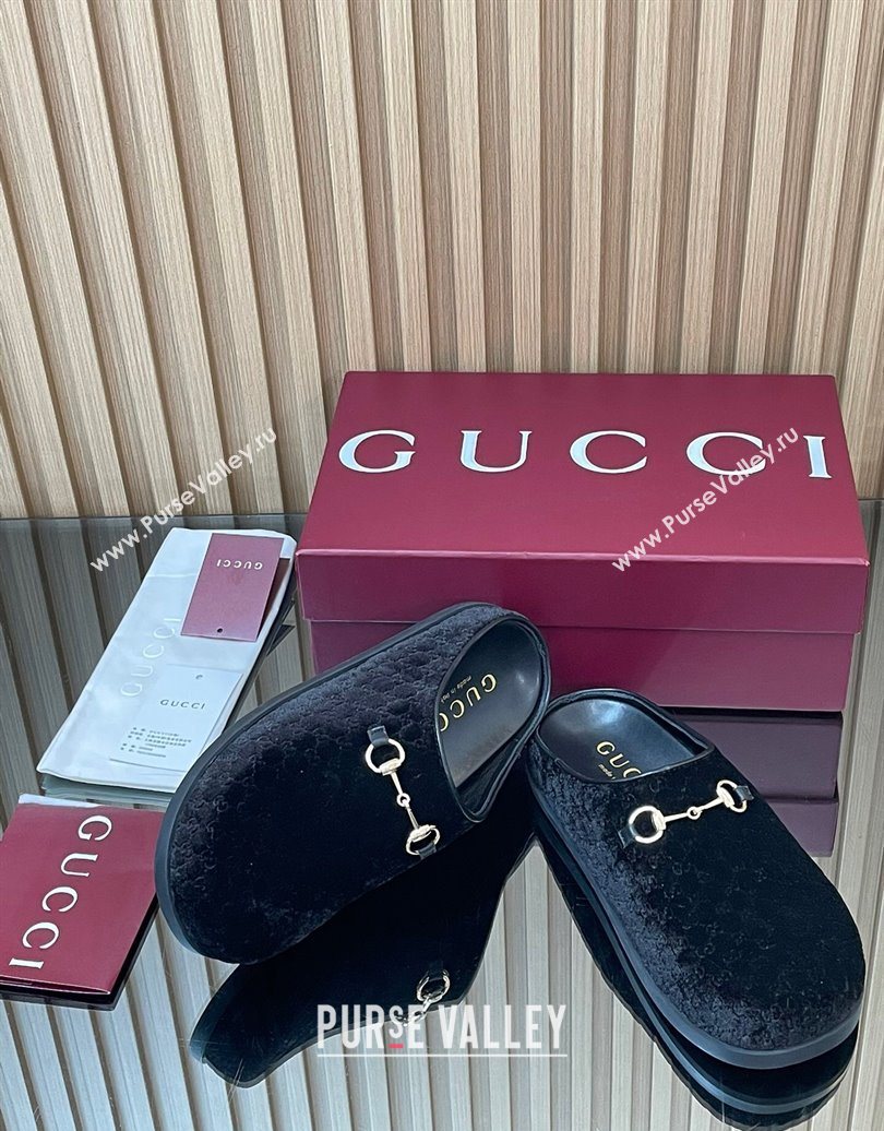Gucci GG Velvet Flat Mules with Horsebit Black 2025 836057 (MD-251020017)